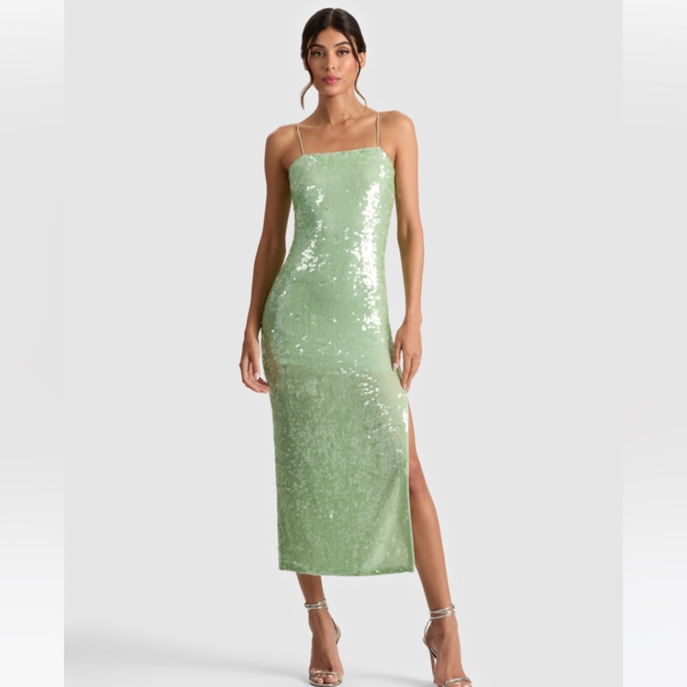 ALICE N OLIVIA EUC FIFI TEA GREEN SEQUIN SIDE SLIT LINED MIDI DRESS SIZE 14